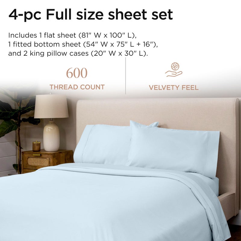 Threadmill 100% Cotton Sheets for Full Size Bed - 600 Thread Count Full Bed Sheets Set with 16â€ Deep Pocket - Sateen Weave 4-Piece Bedding Set with Cooling Effect, Blue - Image 2